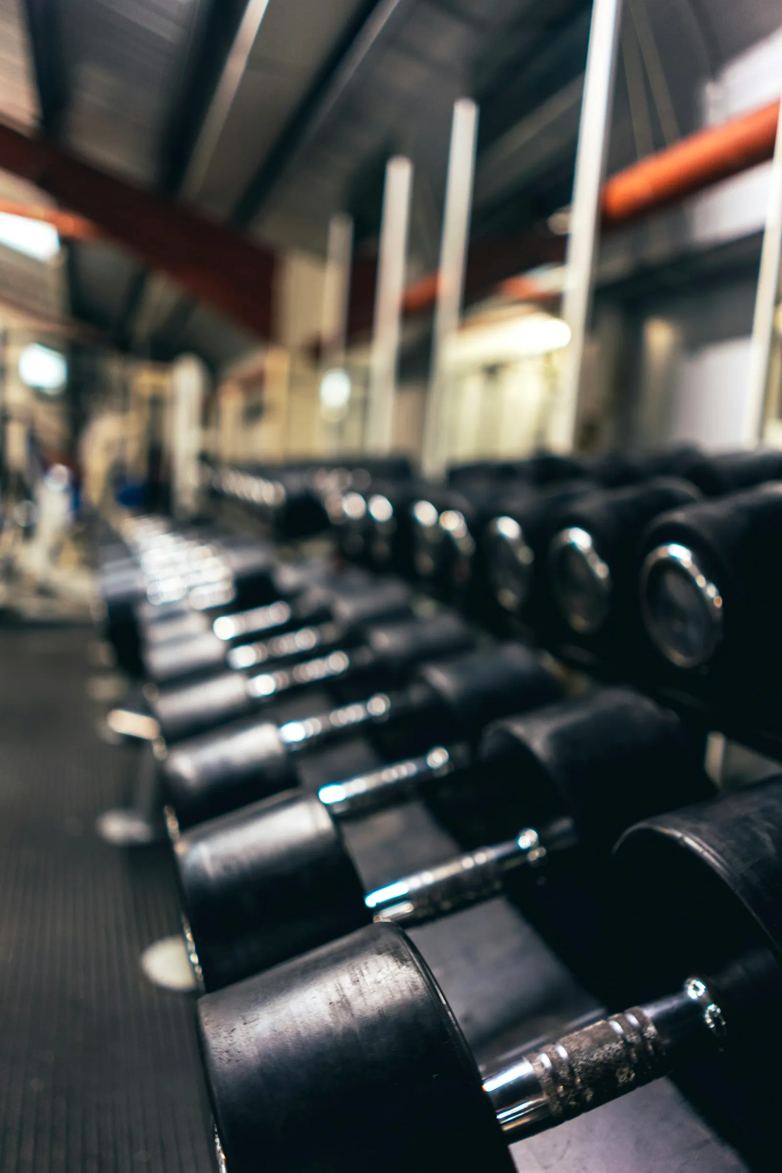 Rows of dumbbells on a rack